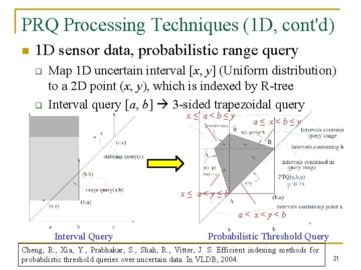 PRQ Processing Techniques (1 D, cont'd) n 1 D sensor data, probabilistic range query