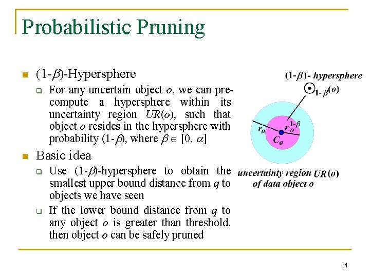 Probabilistic Pruning n (1 -b)-Hypersphere q n For any uncertain object o, we can