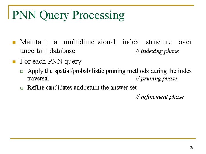 PNN Query Processing n n Maintain a multidimensional index structure over uncertain database //