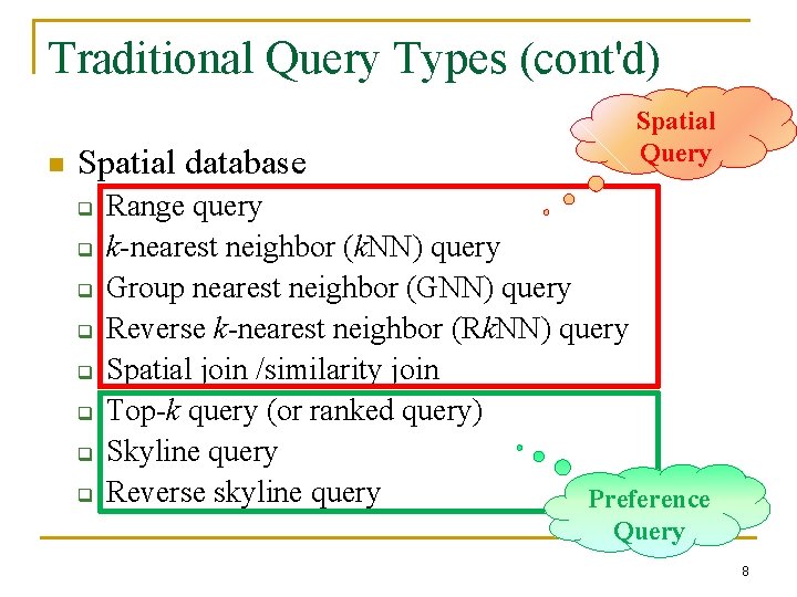 Traditional Query Types (cont'd) n Spatial database q q q q Spatial Query Range