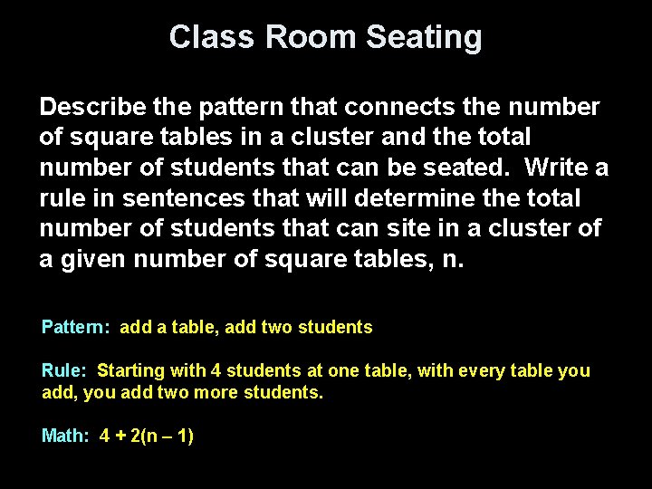 Class Room Seating Describe the pattern that connects the number of square tables in