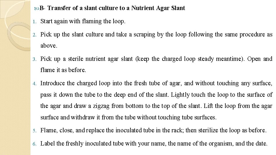  B- Transfer of a slant culture to a Nutrient Agar Slant 1. Start
