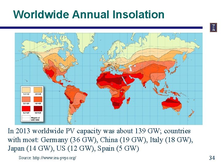 Worldwide Annual Insolation In 2013 worldwide PV capacity was about 139 GW; countries with