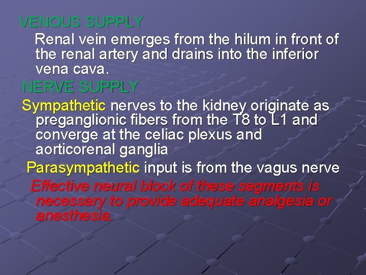 VENOUS SUPPLY Renal vein emerges from the hilum in front of the renal artery