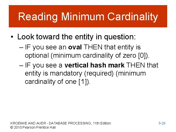 Reading Minimum Cardinality • Look toward the entity in question: – IF you see