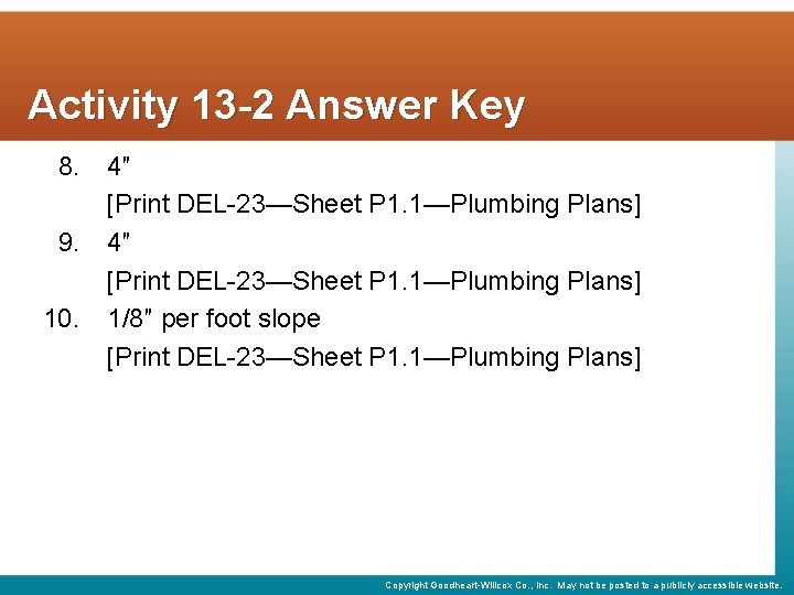 Activity 13 -2 Answer Key 8. 9. 10. 4″ [Print DEL-23—Sheet P 1. 1—Plumbing