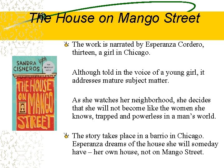 The House on Mango Street The work is narrated by Esperanza Cordero, thirteen, a