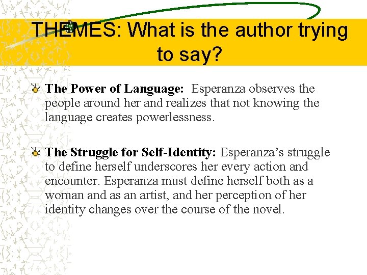 THEMES: What is the author trying to say? The Power of Language: Esperanza observes