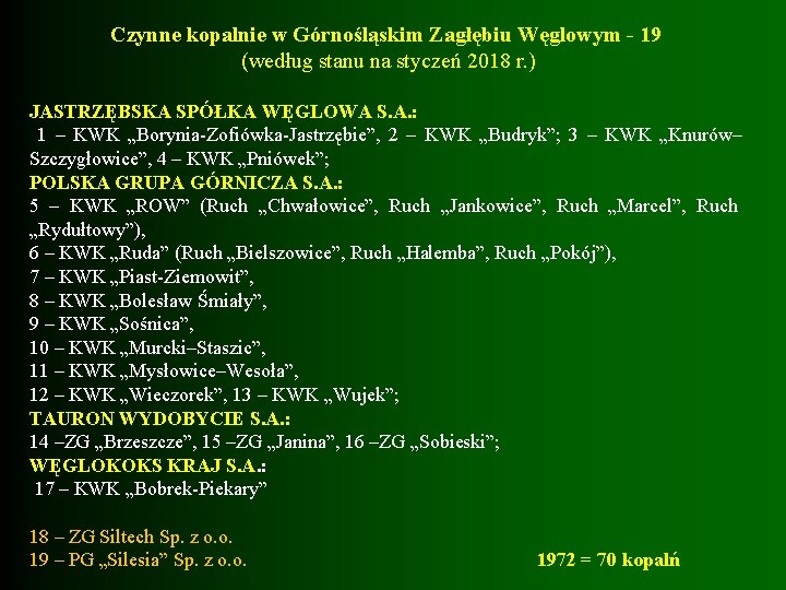 Czynne kopalnie w Górnośląskim Zagłębiu Węglowym - 19 (według stanu na styczeń 2018 r.