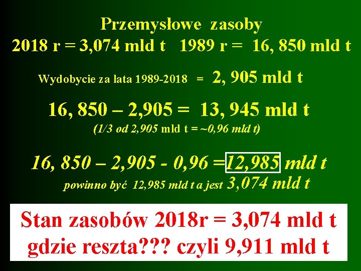 Przemysłowe zasoby 2018 r = 3, 074 mld t 1989 r = 16, 850