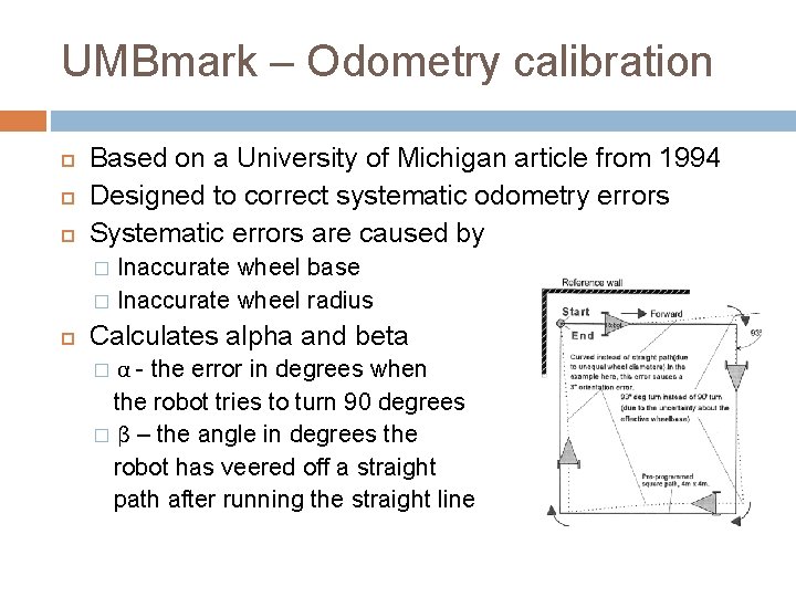 UMBmark – Odometry calibration Based on a University of Michigan article from 1994 Designed