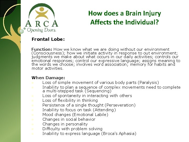 How does a Brain Injury Affects the Individual? Frontal Lobe: Function: How we know