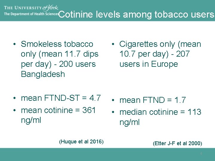 Cotinine levels among tobacco users • Smokeless tobacco only (mean 11. 7 dips per