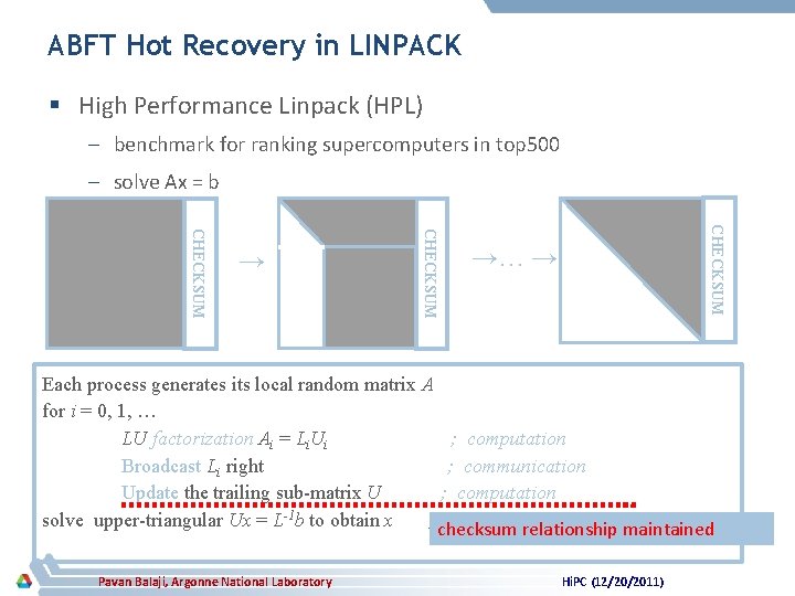 ABFT Hot Recovery in LINPACK § High Performance Linpack (HPL) – benchmark for ranking