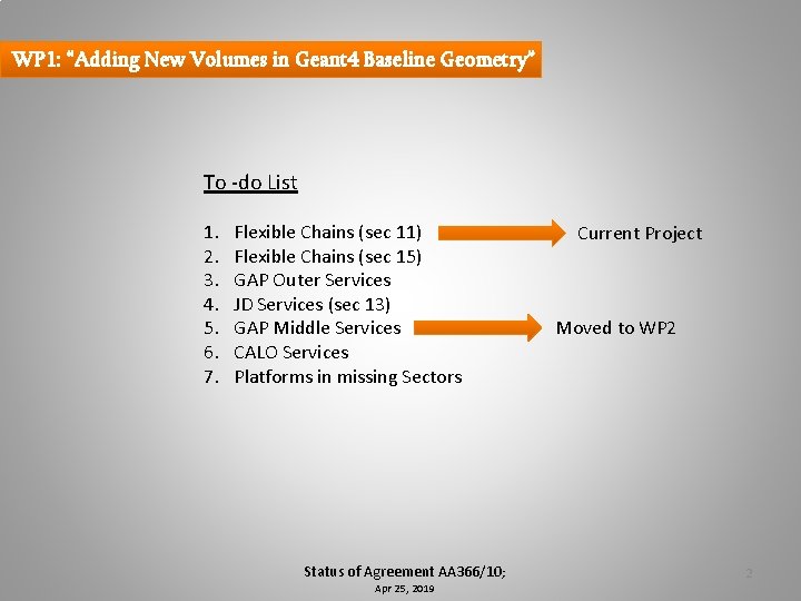 WP 1: “Adding New Volumes in Geant 4 Baseline Geometry” To -do List 1.