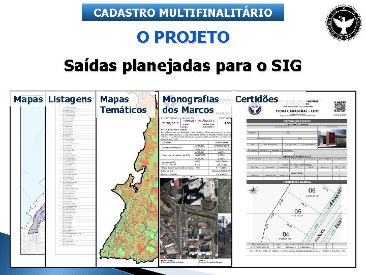 CADASTRO MULTIFINALITÁRIO O PROJETO Saídas planejadas para o SIG Mapas Listagens Mapas Temáticos Monografias