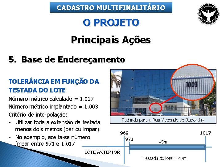 CADASTRO MULTIFINALITÁRIO O PROJETO Principais Ações 5. Base de Endereçamento TOLER NCIA EM FUNÇÃO