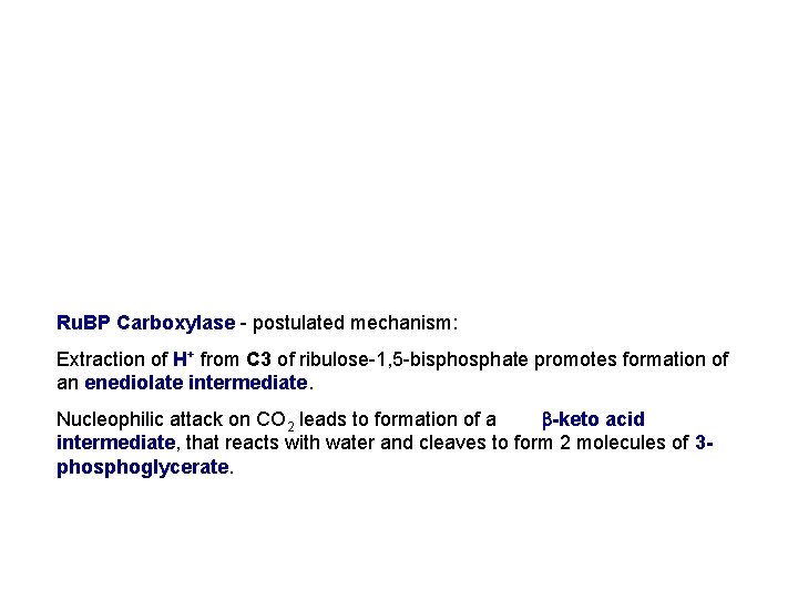 Ru. BP Carboxylase - postulated mechanism: Extraction of H+ from C 3 of ribulose-1,