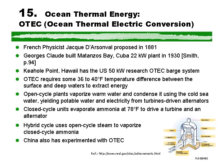15. Ocean Thermal Energy: OTEC (Ocean Thermal Electric Conversion) l French Physicist Jacque D’Arsonval