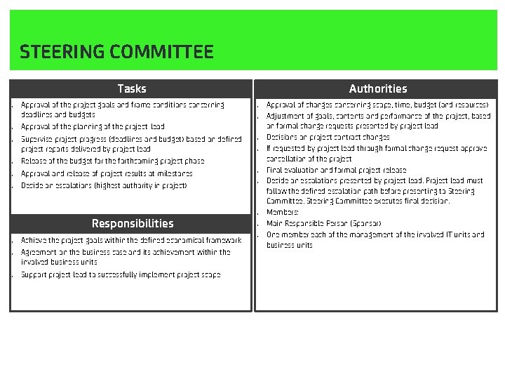 STEERING COMMITTEE Tasks. . . Approval of the project goals and frame conditions concerning