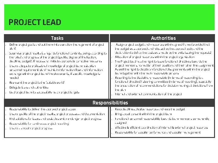 PROJECT LEAD Tasks. . . Authorities Define project goals and put them into operation