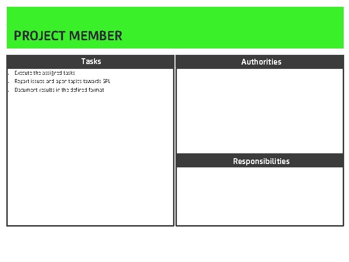 PROJECT MEMBER Tasks. . . Authorities Execute the assigned tasks Report issues and open