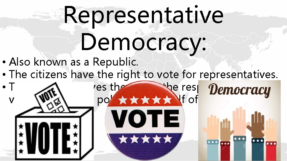 Representative Democracy: • Also known as a Republic. • The citizens have the right