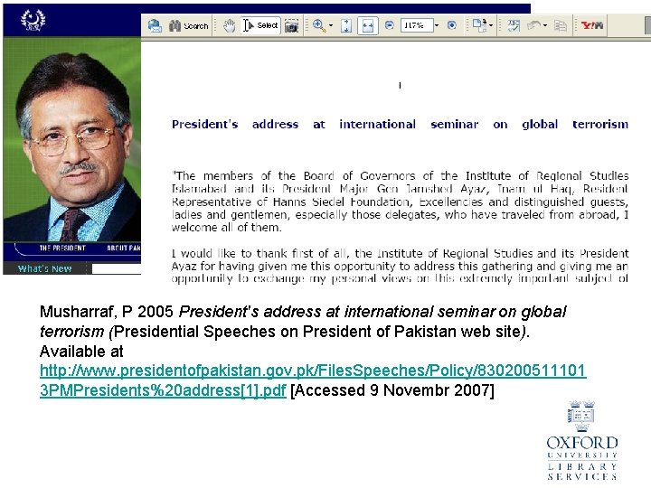 Musharraf, P 2005 President's address at international seminar on global terrorism (Presidential Speeches on
