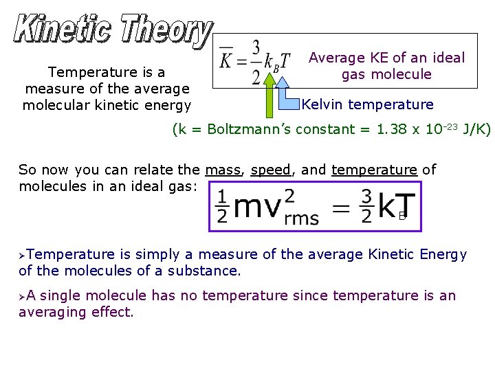 Temperature is a measure of the average molecular kinetic energy Average KE of an