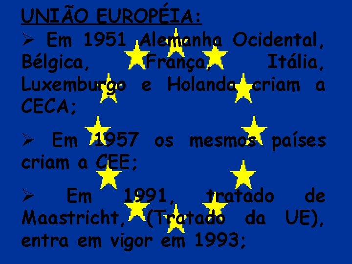 UNIÃO EUROPÉIA: Ø Em 1951 Alemanha Ocidental, Bélgica, França, Itália, Luxemburgo e Holanda criam