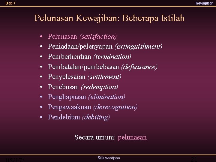 Bab 7 Kewajiban Pelunasan Kewajiban: Beberapa Istilah • • • Pelunasan (satisfaction) Peniadaan/pelenyapan (extinguishment)