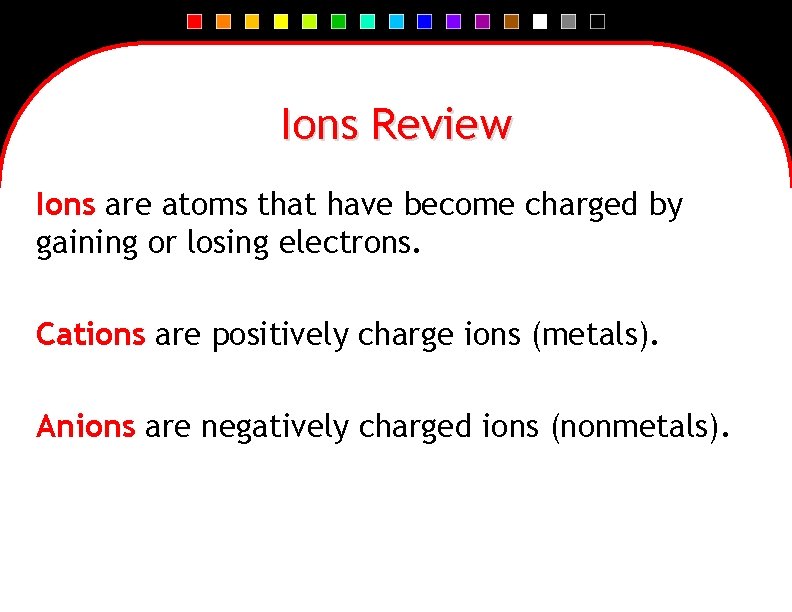 Ions Review Ions are atoms that have become charged by gaining or losing electrons.