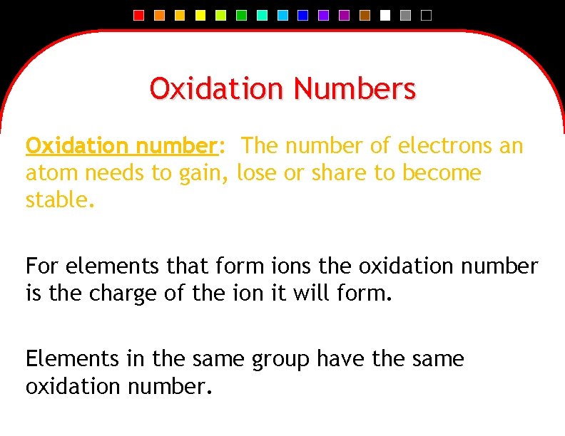 Oxidation Numbers Oxidation number: The number of electrons an atom needs to gain, lose