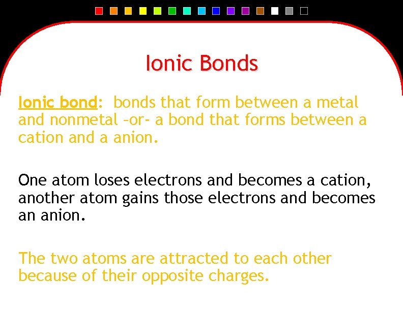 Ionic Bonds Ionic bond: bonds that form between a metal and nonmetal –or- a