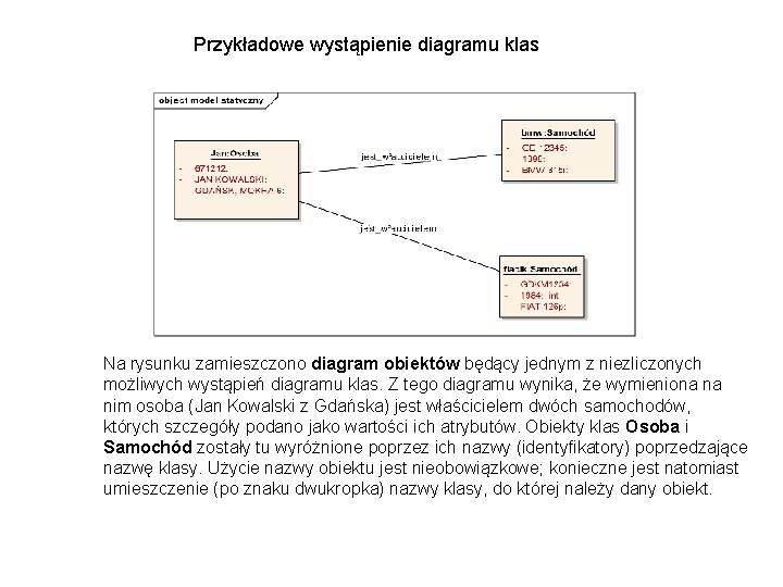 Przykładowe wystąpienie diagramu klas Na rysunku zamieszczono diagram obiektów będący jednym z niezliczonych możliwych