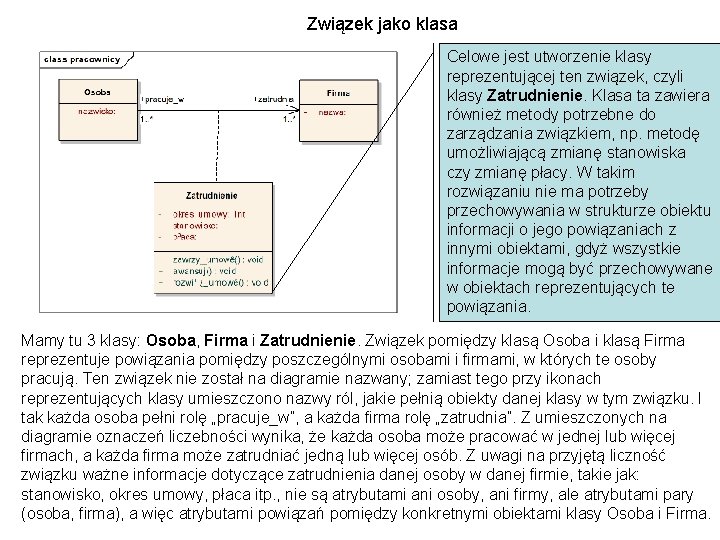 Związek jako klasa Celowe jest utworzenie klasy reprezentującej ten związek, czyli klasy Zatrudnienie. Klasa