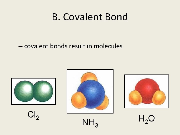 B. Covalent Bond – covalent bonds result in molecules Cl 2 NH 3 H