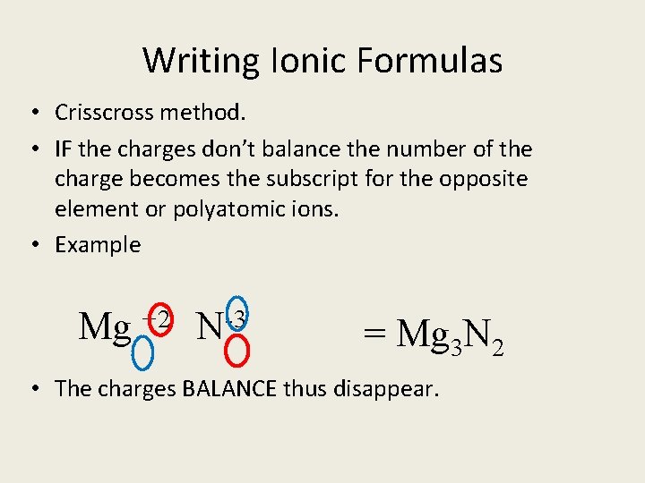 Writing Ionic Formulas • Crisscross method. • IF the charges don’t balance the number