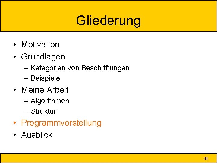 Gliederung • Motivation • Grundlagen – Kategorien von Beschriftungen – Beispiele • Meine Arbeit