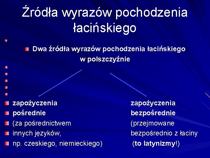 Źródła wyrazów pochodzenia łacińskiego Dwa źródła wyrazów pochodzenia łacińskiego w polszczyźnie zapożyczenia pośrednie (za