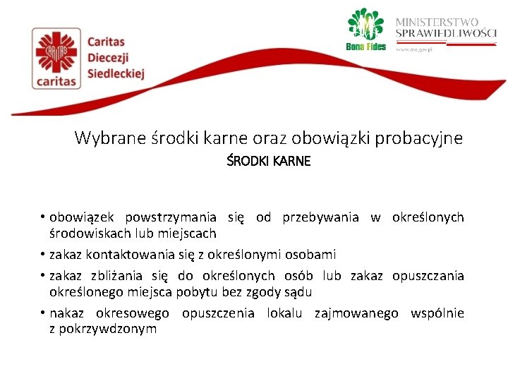 Wybrane środki karne oraz obowiązki probacyjne ŚRODKI KARNE • obowiązek powstrzymania się od przebywania