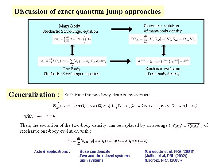 Discussion of exact quantum jump approaches Many-Body Stochastic Schrödinger equation One-Body Stochastic Schrödinger equation