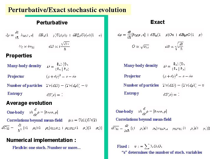 Perturbative/Exact stochastic evolution Exact Perturbative Properties Many-body density Projector Number of particles Entropy Average