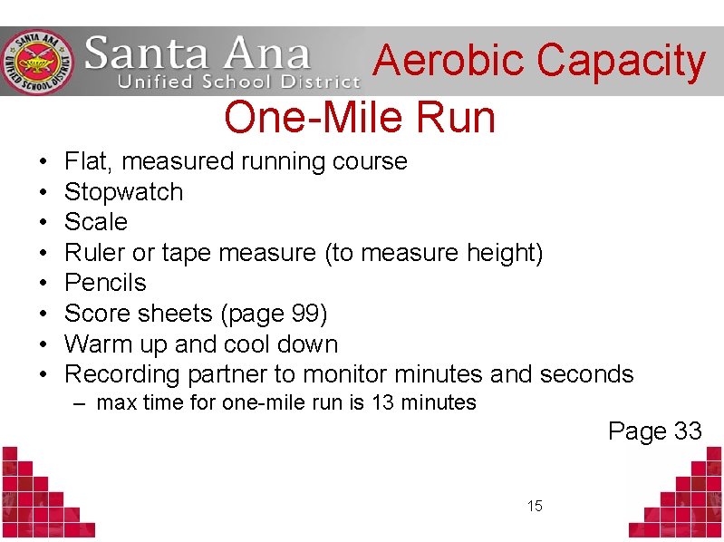 Aerobic Capacity One-Mile Run • • Flat, measured running course Stopwatch Scale Ruler or