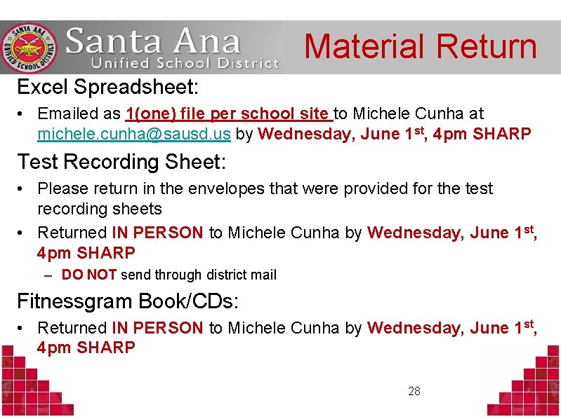 Material Return Excel Spreadsheet: • Emailed as 1(one) file per school site to Michele