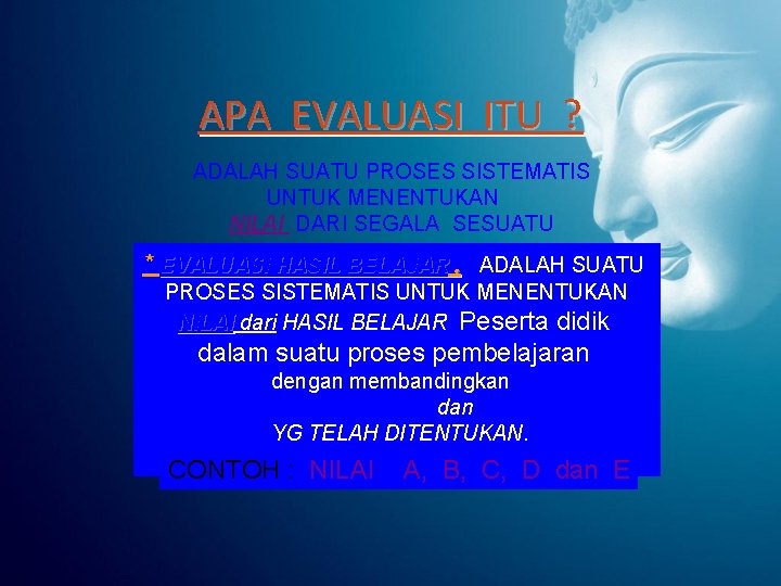 APA EVALUASI ITU ? ADALAH SUATU PROSES SISTEMATIS UNTUK MENENTUKAN NILAI DARI SEGALA SESUATU