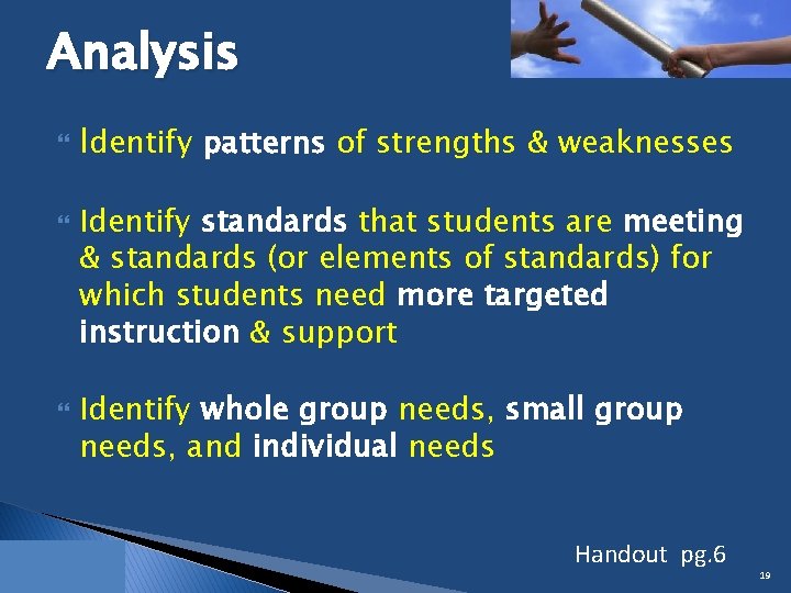 Analysis Identify patterns of strengths & weaknesses Identify standards that students are meeting &