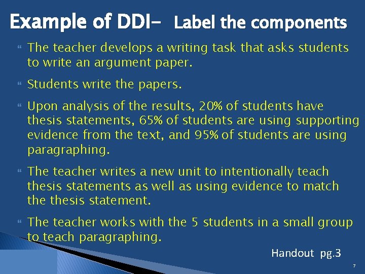 Example of DDI- Label the components The teacher develops a writing task that asks