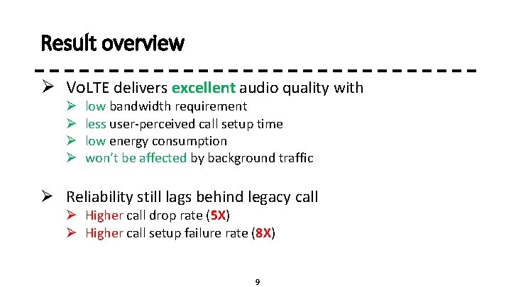 Result overview Ø Vo. LTE delivers excellent audio quality with Ø Ø low bandwidth