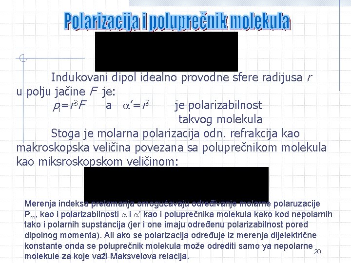 Indukovani dipol idealno provodne sfere radijusa r u polju jačine F je: pi=r 3